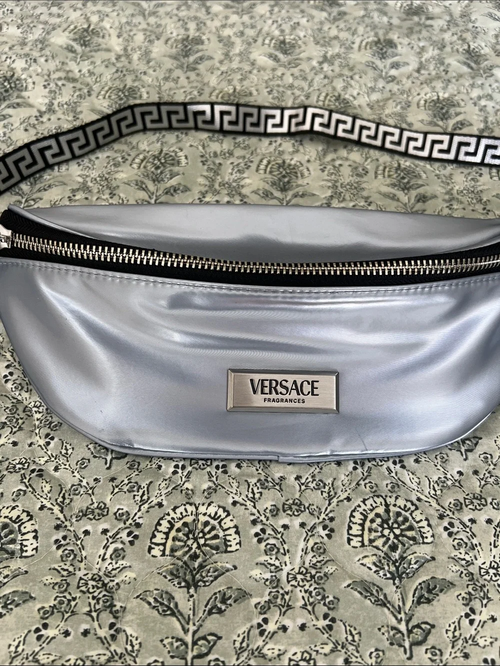 Versace Iridescent Silver Logo Belt Bag with Greek Key Strap